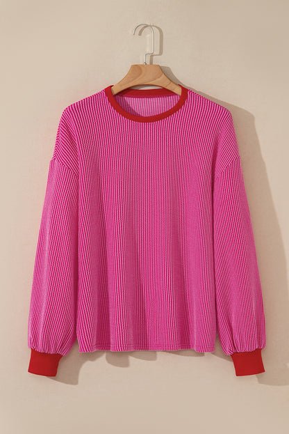 Corded Contrast Edge Drop Shoulder Long Sleeve Top | Bright Pink