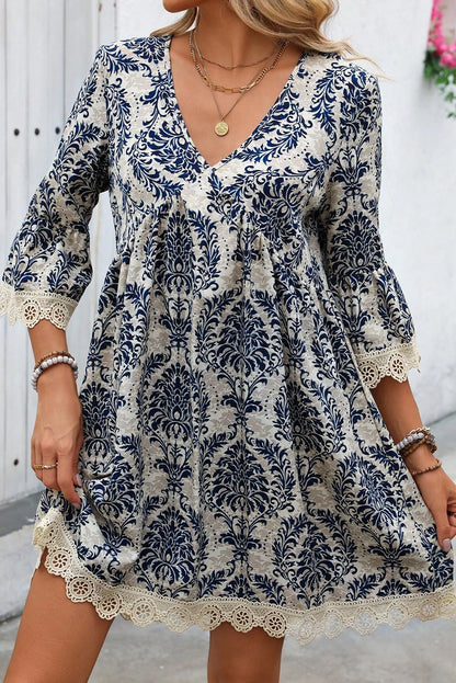 Vintage Printed Lace Trim V Neck 3/4 Sleeve Loose Dress | Sky Blue