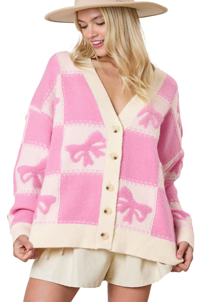 Bowknot Checkered Pattern V Neck Drop Shoulder Button Up Cardigan | Pink