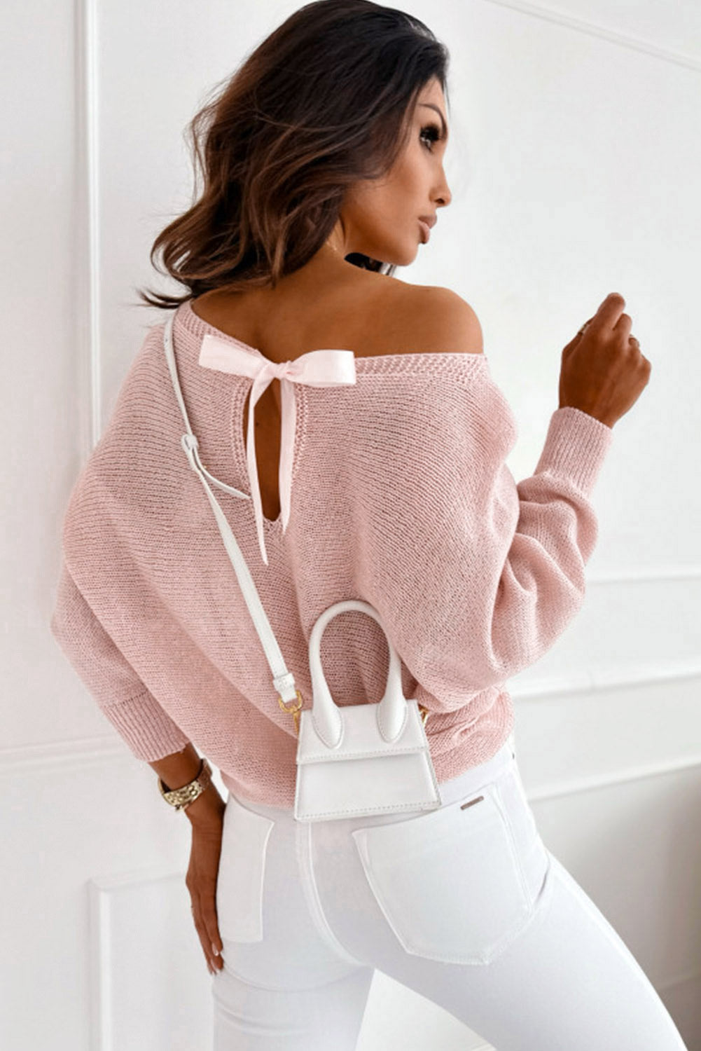 Ribbon Bow Knot Dolman Sleeve Sweater | Pink