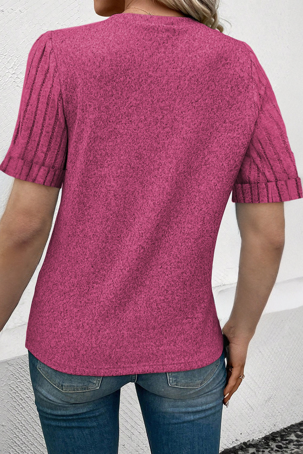 Ribbed Splicing Sleeve Round Neck T-Shirt | Bright Pink