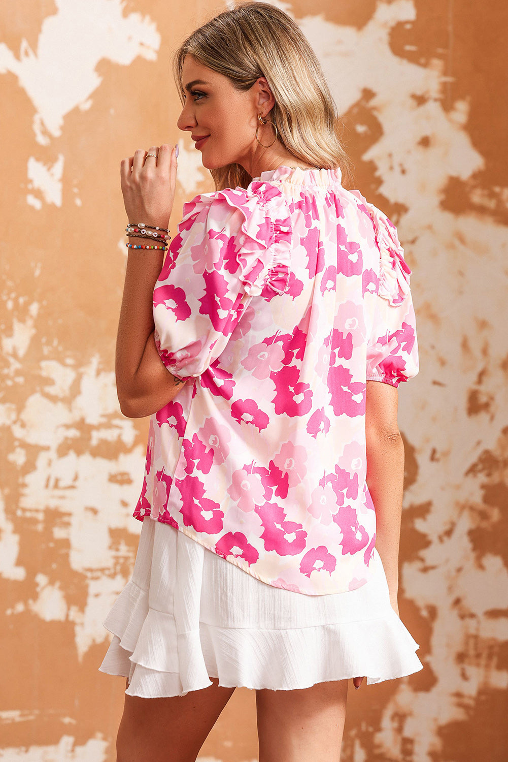 Split Neck Ruffled Puff Sleeves Floral Top | Pink