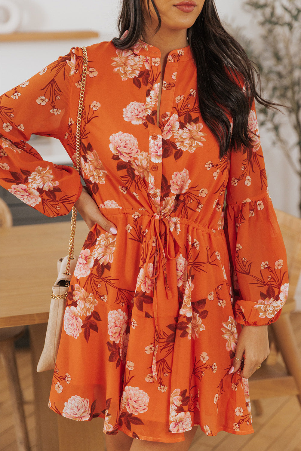 Vintage Floral Print Drawstring Flowy Dress | Orange