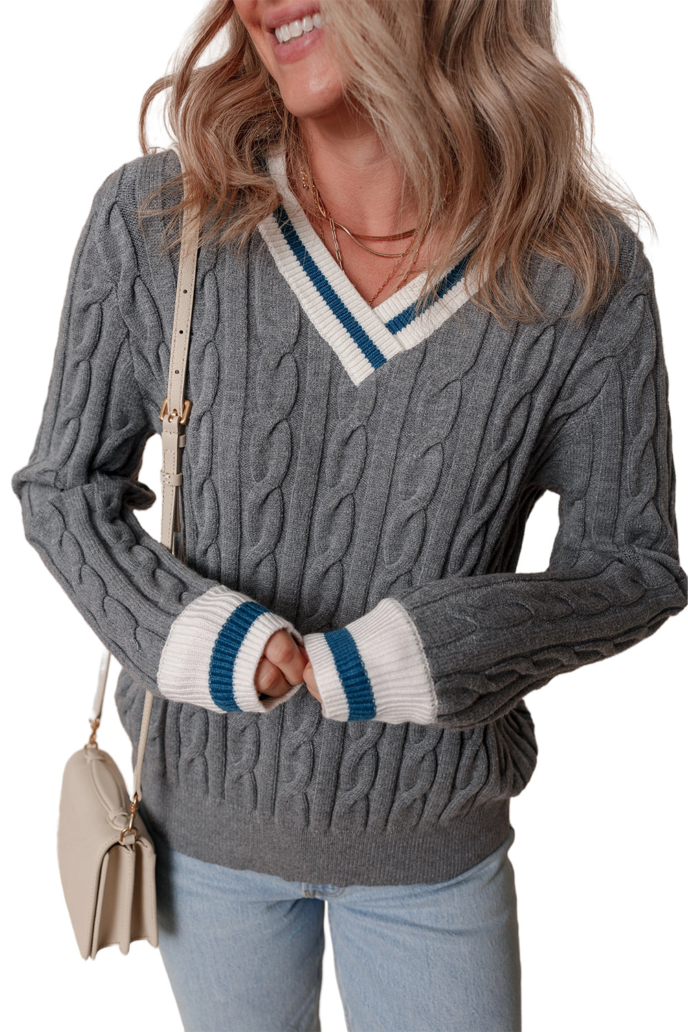 Colour Contrast Ribbed Edge Cable Knit V Neck Sweater | Medium Grey