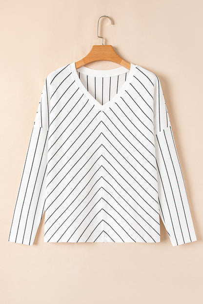 Chevron Striped V Neck Long Sleeve Casual Top | Black Stripe