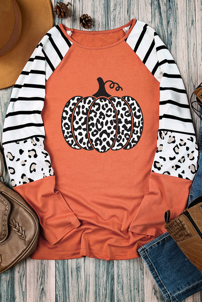 Leopard Pumpkin Graphic Contrast Long Sleeve Top | Orange