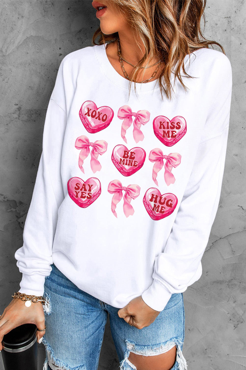 Valentine Candy Heart & Bow Graphic Sweatshirt | White