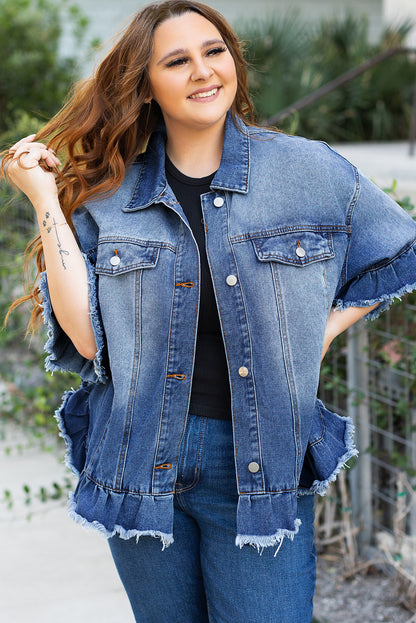 Ruffled Frayed Short Sleeve Plus Size Denim Jacket | Peacock Blue