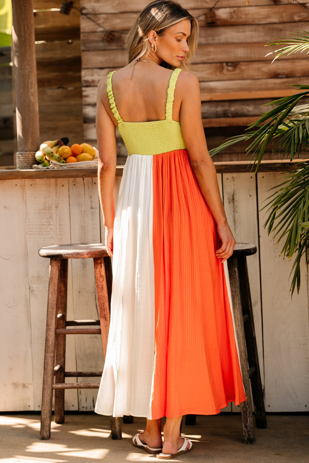 Colour Block Shirred High Waist Fit And Flare Maxi Dress | Green