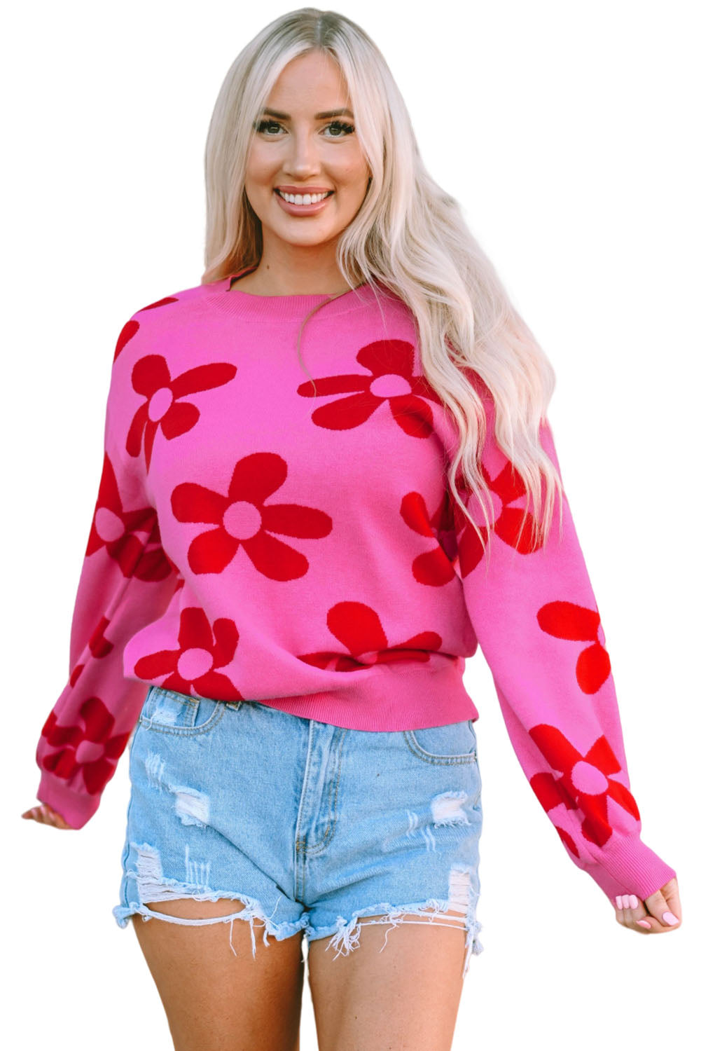 Big Flower Knit Ribbed Trim Sweater | Rose