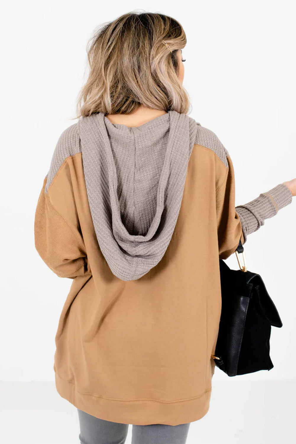 Contrast Hood Patchwork Pocketed Baggy Sweatshirt | Camel