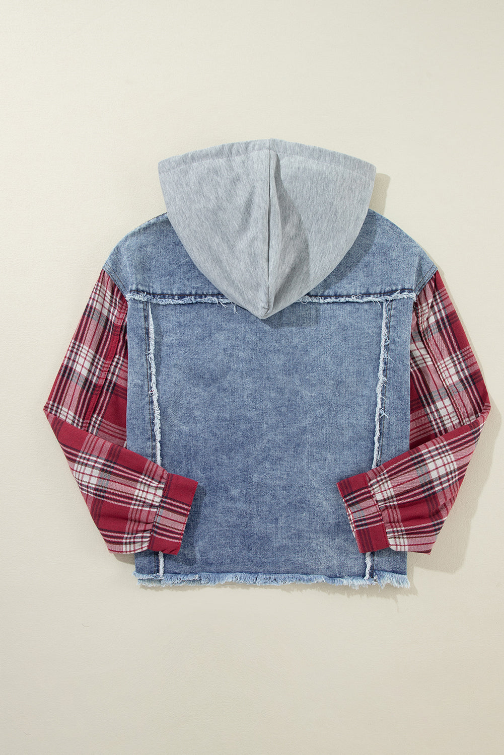 Plaid Print Patchwork Hooded Raw Hem Denim Jacket | Beau Blue