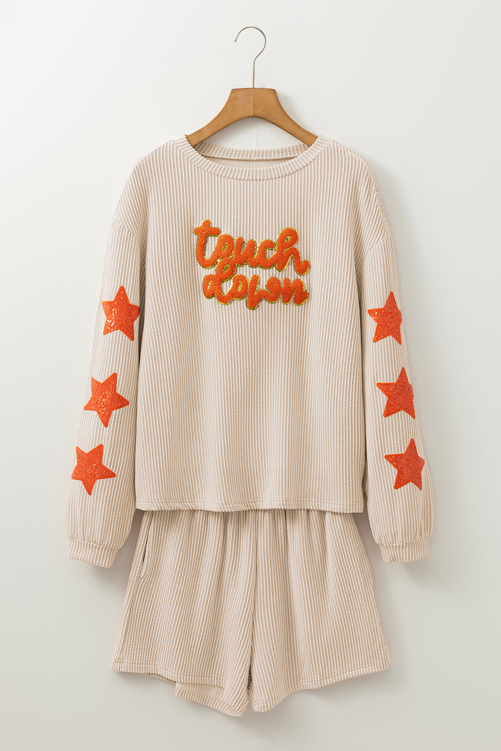 Touch Down Patched Pattern Sequined Star Long Sleeve Top Corded Shorts Set | Parchment