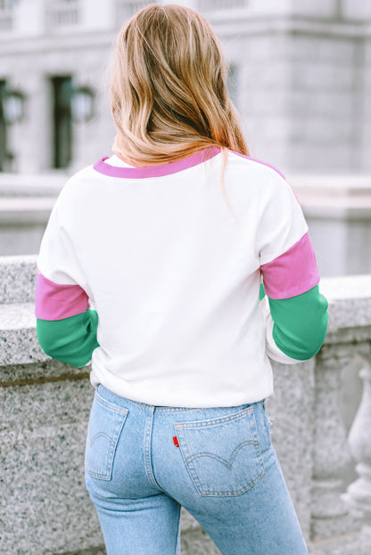 Ribbed V Neck Colour Block Patchwork Sweatshirt | Pink