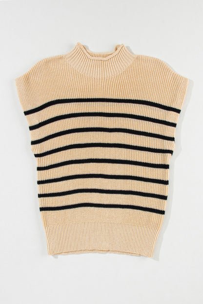 Striped Ribbed Knit High Neck Sweater | Parchment