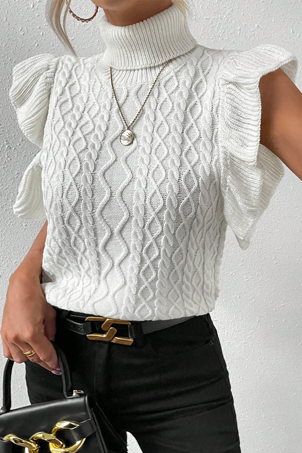 Turtle Neck Short Sleeve Cable Knit Ruffled Sweater | White