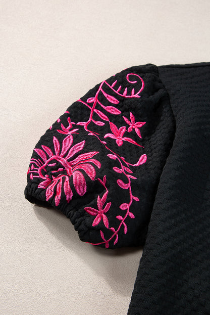 Floral Embroidered Textured Puff Sleeve T Shirt | Black