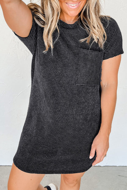 Striped Ribbed Knit T-Shirt Shift Dress | Gray