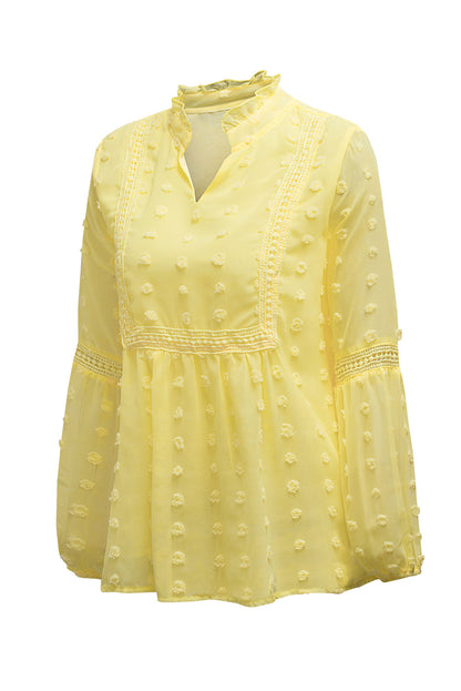 Swiss Dot Split Neck Ruffle Babydoll Blouse | Yellow