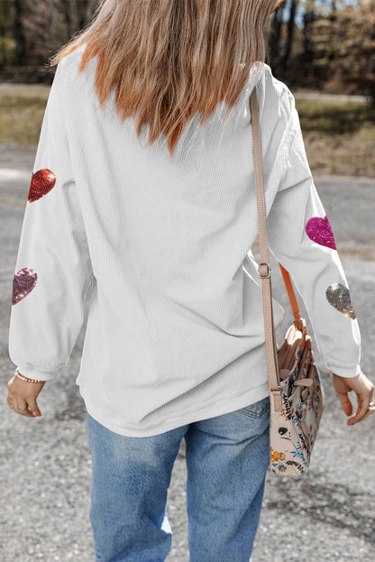 Valentines Heart Patched Pattern Corded Pullover Sweatshirt | White