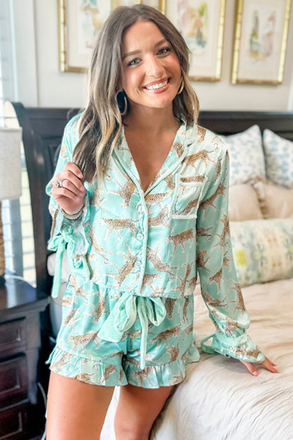 Leopard Satin Ruffle Pajama Short Set | Green