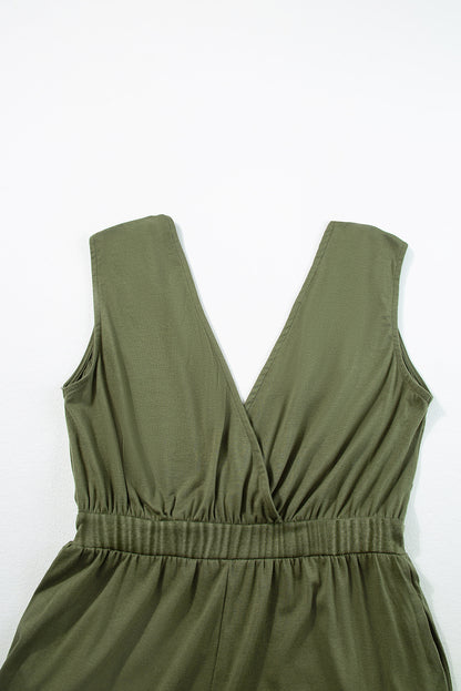 Deep V Pleated Crisscross Wide Leg Backless Jumpsuit | Jungle Green