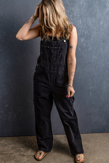 Adjustable Buckle Straps Multi Pocket Denim Overalls | Black