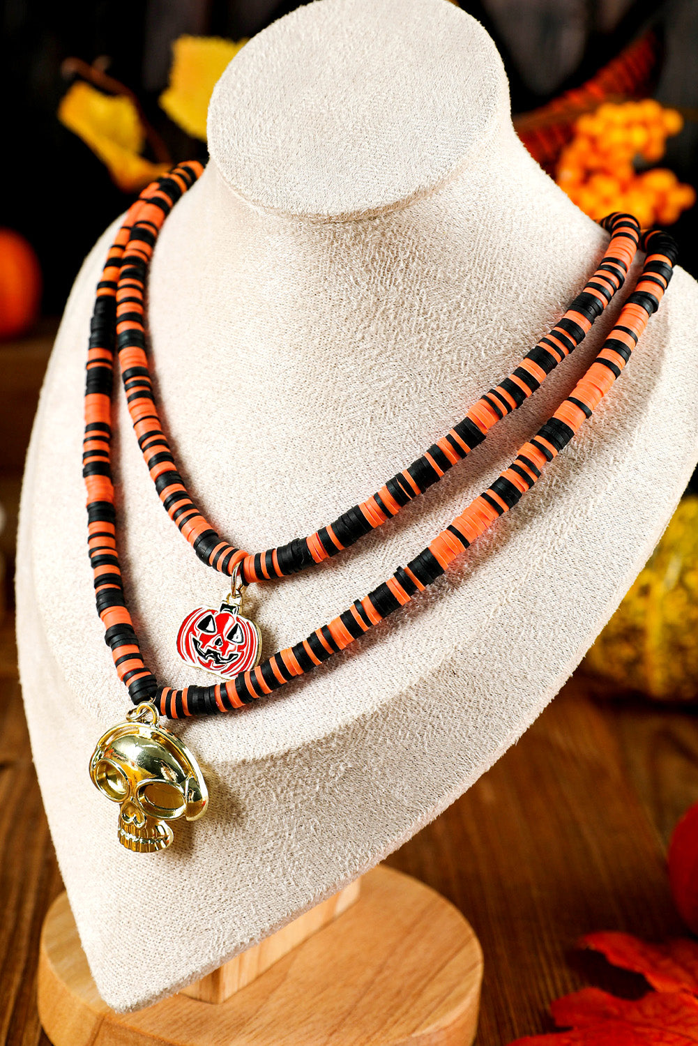 Skull Pumpkin Face Pendant Layered Beaded Halloween Necklace | Russet Orange