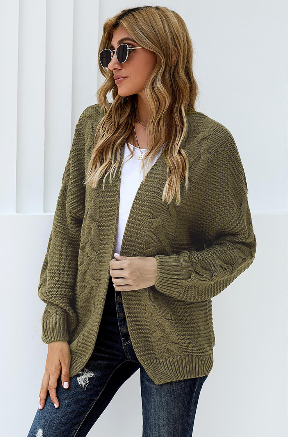 Olive Chunky Wide Long Sleeve Knit Cardigan | Olive Green