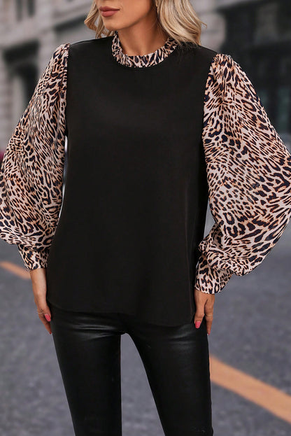 Contrast Leopard Print Lantern Sleeve Blouse | Black