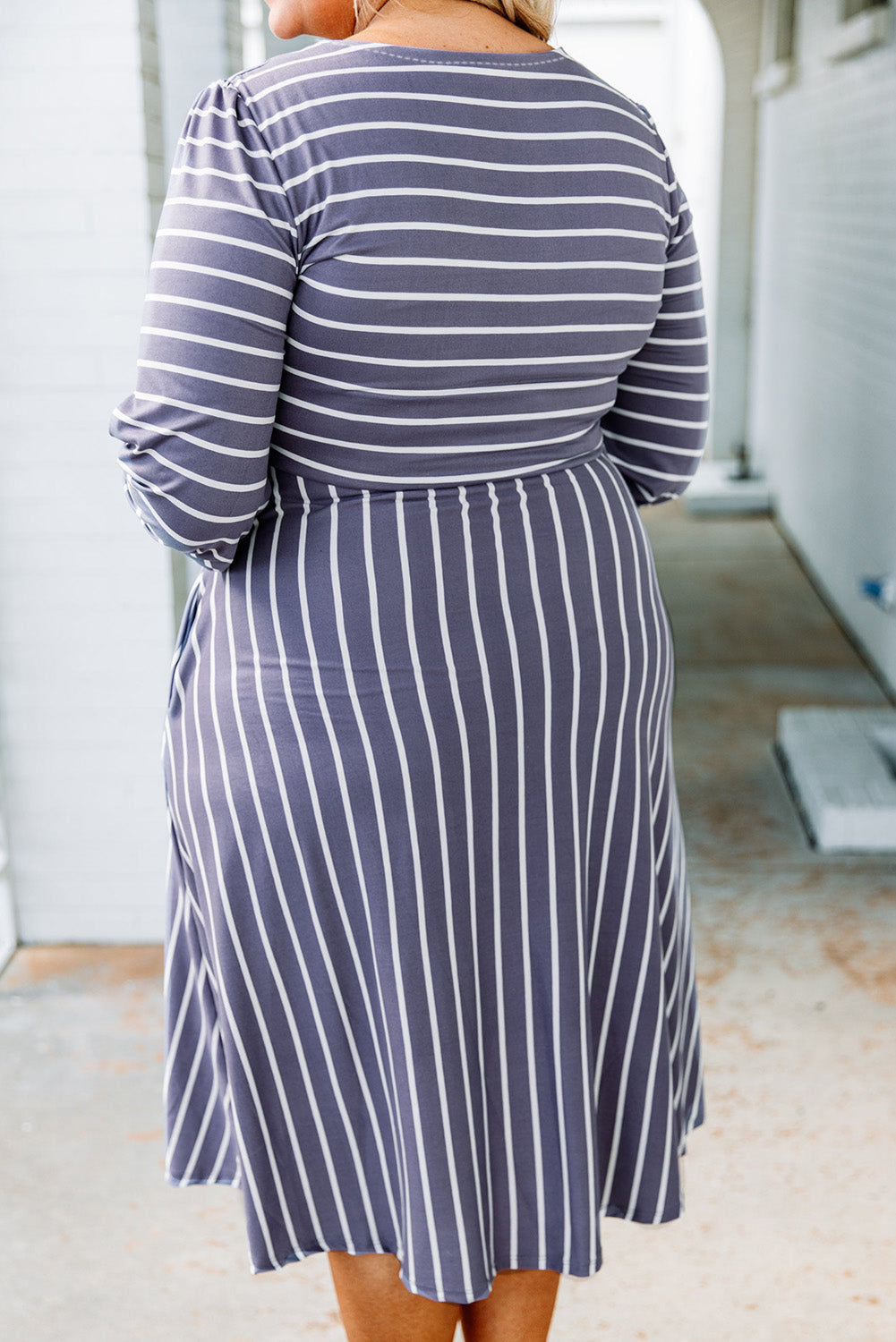 Striped Tie Waist 3/4 Sleeve Plus Size Dress | Gray