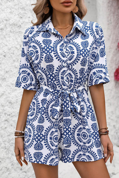 Mandala Printed Short Sleeve Belted Shirt Romper | Blue