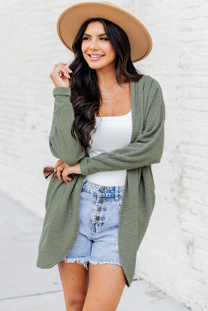 Waffle Knit Open Front Cardigan | Laurel Green