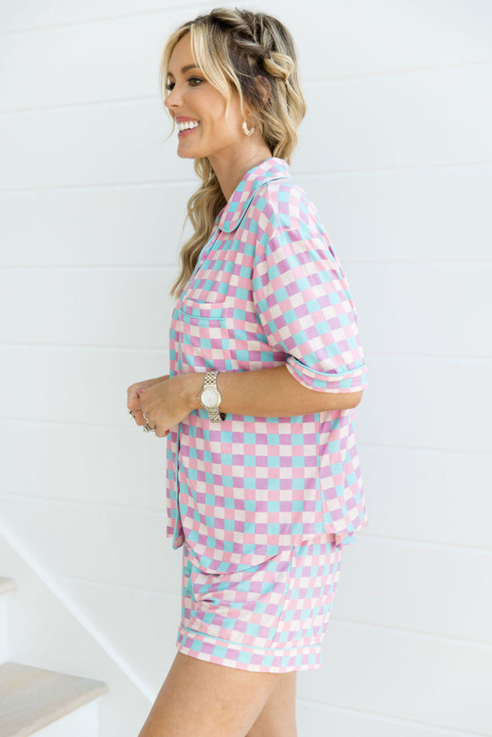 Checkered Pattern Short Sleeve Pajamas Set | Purple