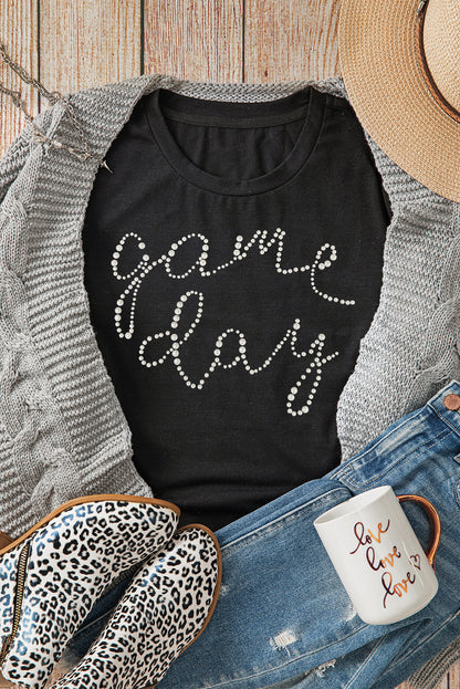 Shiny Rhinestone Game Day Pattern Crewneck T Shirt | Black