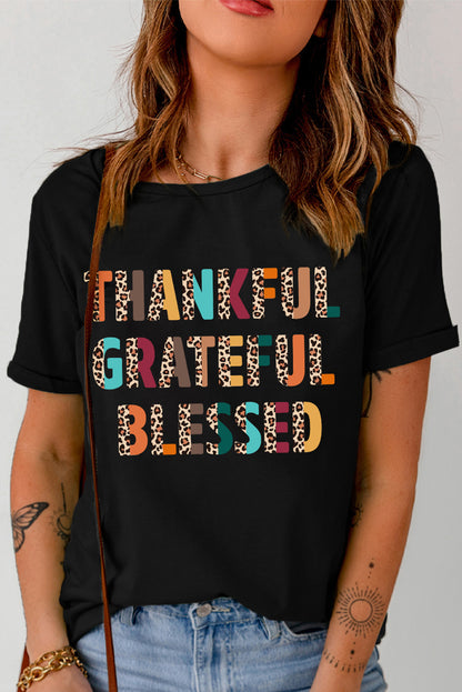 Thankful Grateful Blessed Leopard Print Crewneck T Shirt | Black