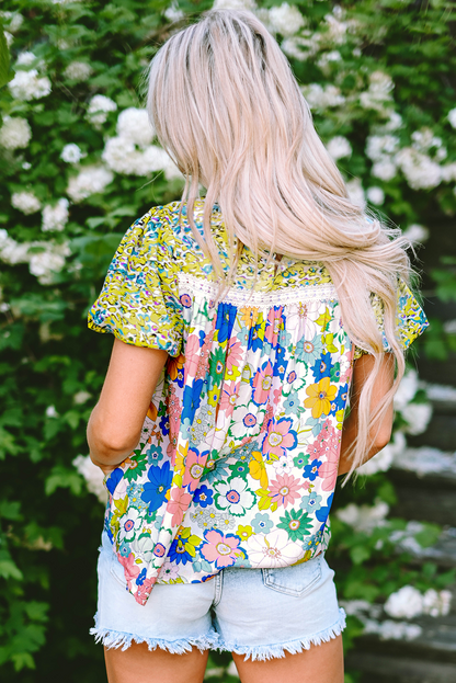 Bubble Sleeve Lace Trim Floral Mixed Print Blouse | Green