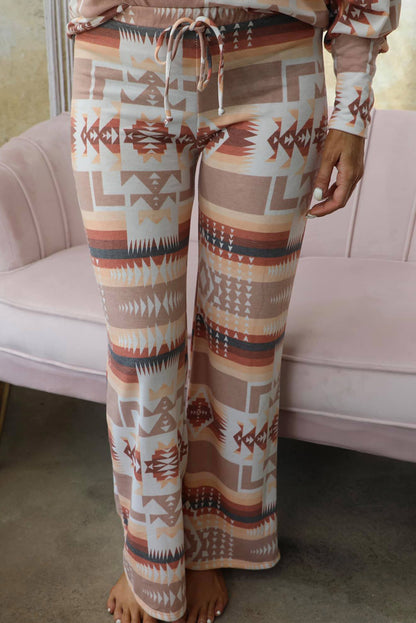 Aztec Print Puff Sleeve Pullover And Pants Lounge Outfit | Multicolour