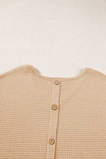 Textured Knit Button Back Cuffed Sleeve Tee | Oatmeal