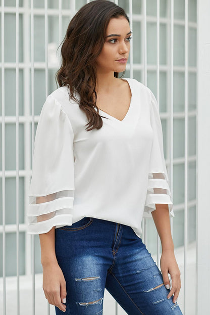 Flare Sleeve V Neck Loose Blouse | White