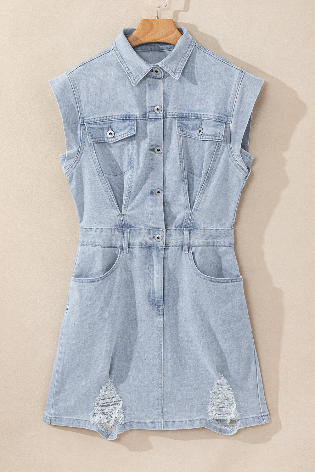 Acid Wash Flap Pockets Frayed Denim Dress | Light Blue