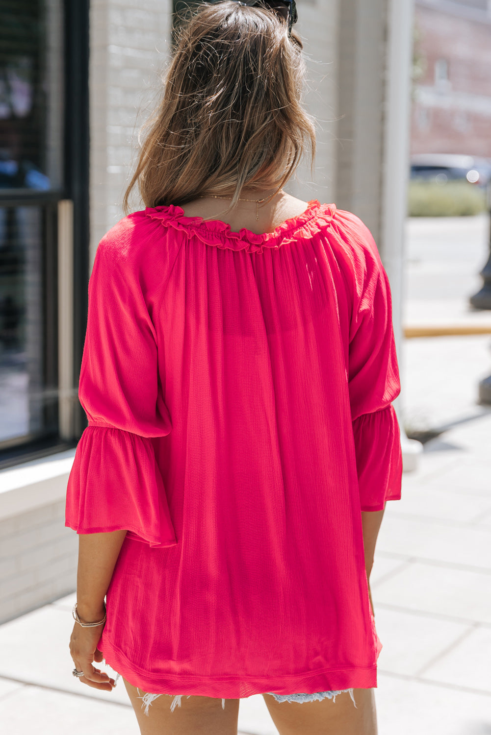 Frilled Split V Neck Ruffled Sleeve Shift Top | Rose