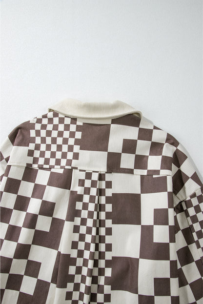 Checkered Print Patchwork Corduroy Shacket | Brown