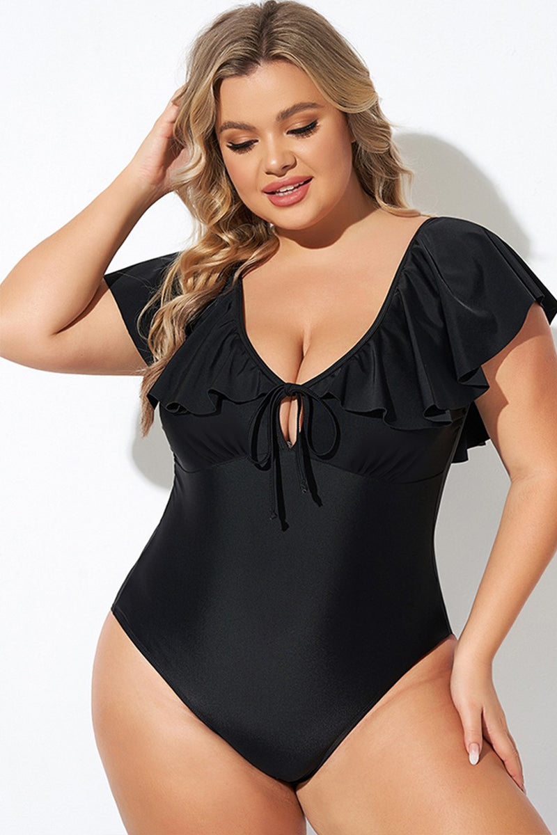 Ruffled Sleeve Lace-Up V Neck Plus Size One Piece Swimsuit | Black