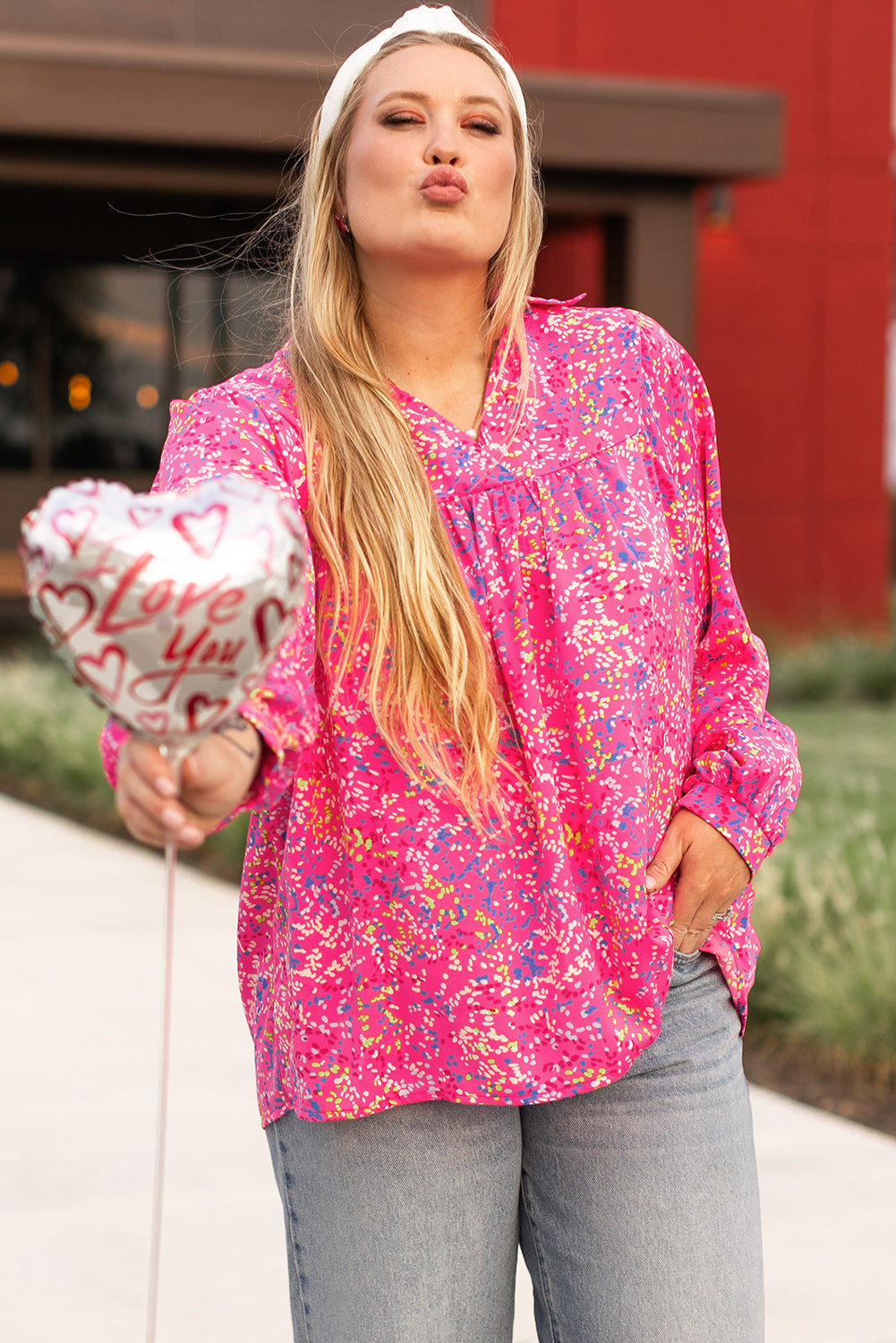 Plus Size Floral Print Puff Sleeve V Neck Blouse | Purple