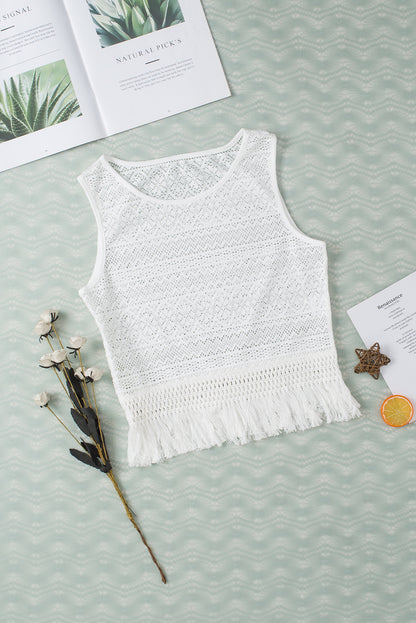 Lace Crochet Hollow Out Fringed Tank Top | White