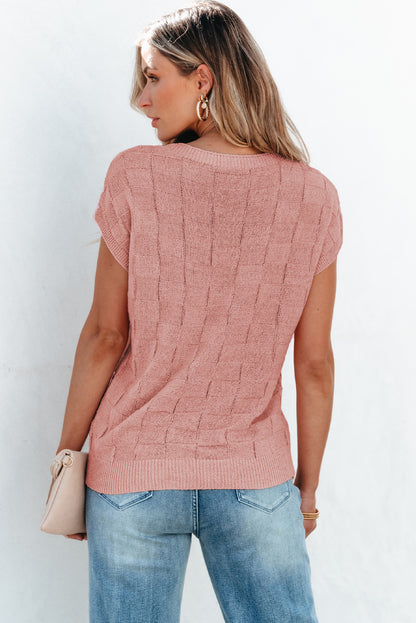 Lattice Textured Knit Short Sleeve Sweater | Dusty Pink