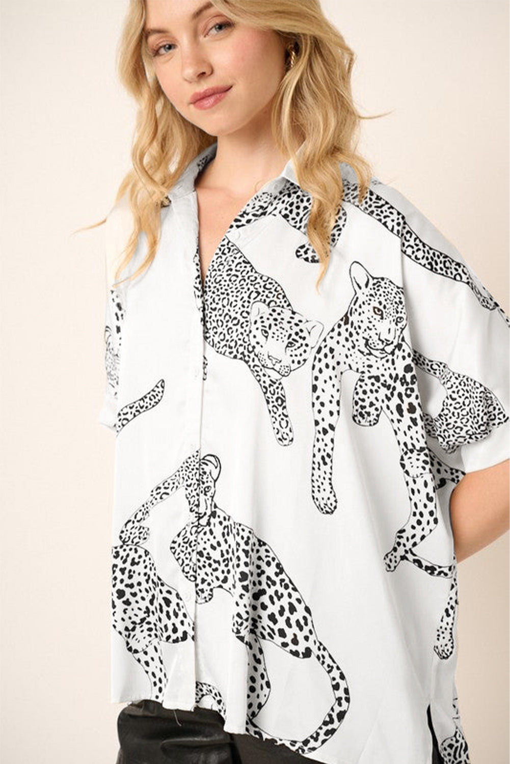 Cheetah Print Buttoned Half Sleeve Shirt | Beige