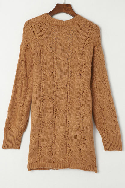 Ribbed Trim Eyelet Cable Knit Cardigan | Khaki