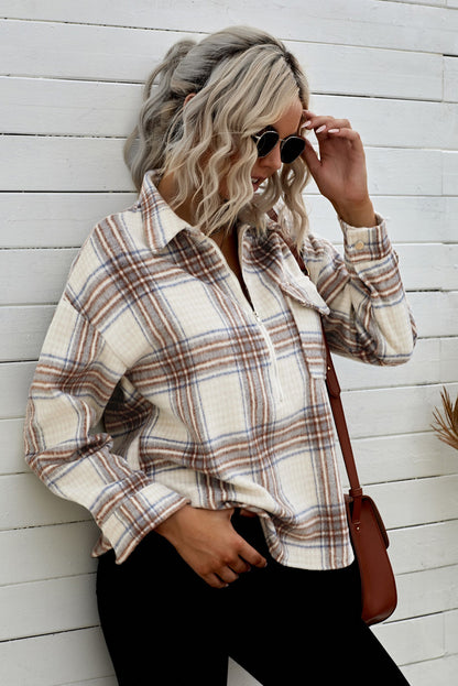 Chest Pocket Plaid Half Zip Sweatshirt | Apricot